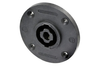 Neutrik NL4MPRXX Speakon 4 pole chassis connector, black round G-size flange, countersunk thru holes, 3/16" flat tabs