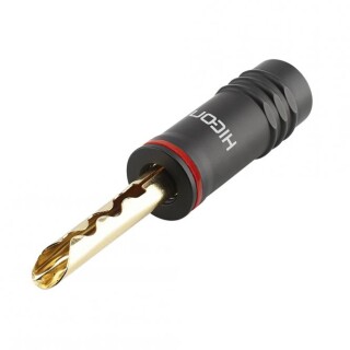 HICON Banana connector with toothed clamp, 1-pol , metal-, crimp-male connector, hard gold-plated contact(s), straight, max. 6 mm², red