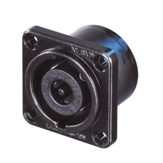 Neutrik NL8MPRXX-BAG Speakon 8 pole chassis connector, black chrome metal square G-size flange, countersunk thru holes, 3/16" flat tabs