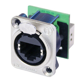 Neutrik NE8FDP RJ45 feedthrough receptacle, D-shape metal flange with the latch lock